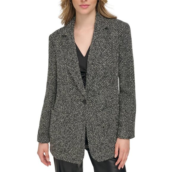 GAP Black/Gray Wool Blend Herringbone Boucle‎ Blazer Coat Women's Size Large - Picture 1 of 15